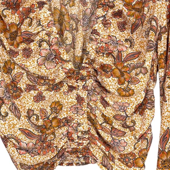 Free People Top I Got You Printed Floral Orange White Ruched Smocked V-Neck Sx S - Picture 3 of 11